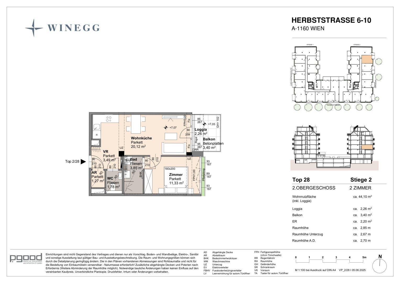 Detaillierter Grundriss einer Wohnung mit Wohnküche, Schlafzimmer, Bad, separatem WC, Loggia und Balkon.