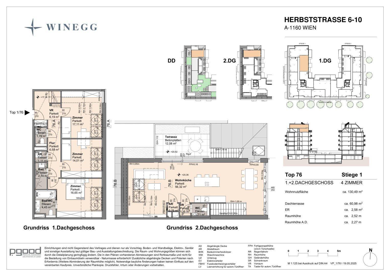 Detaillierter Grundriss der ersten und zweiten Dachgeschosse mit offenem Wohnbereich und großer Dachterrasse.
