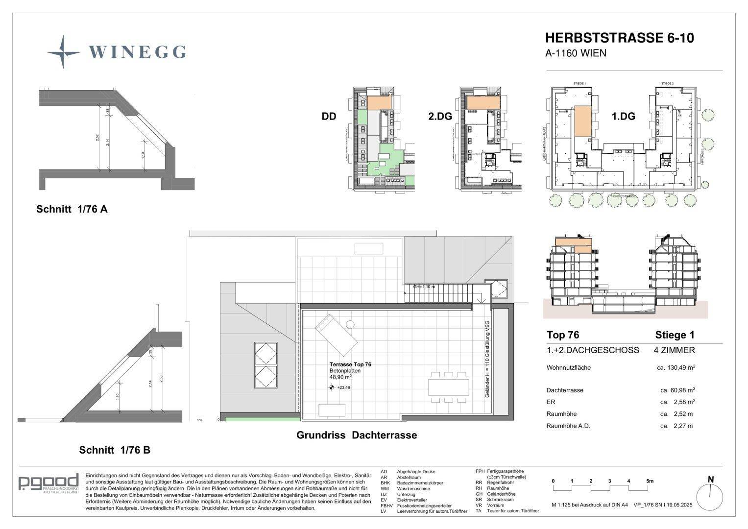 Grundriss der Dachterrasse und Gebäudeschnitte mit Details zur Dachkonstruktion und Außenbereichen.