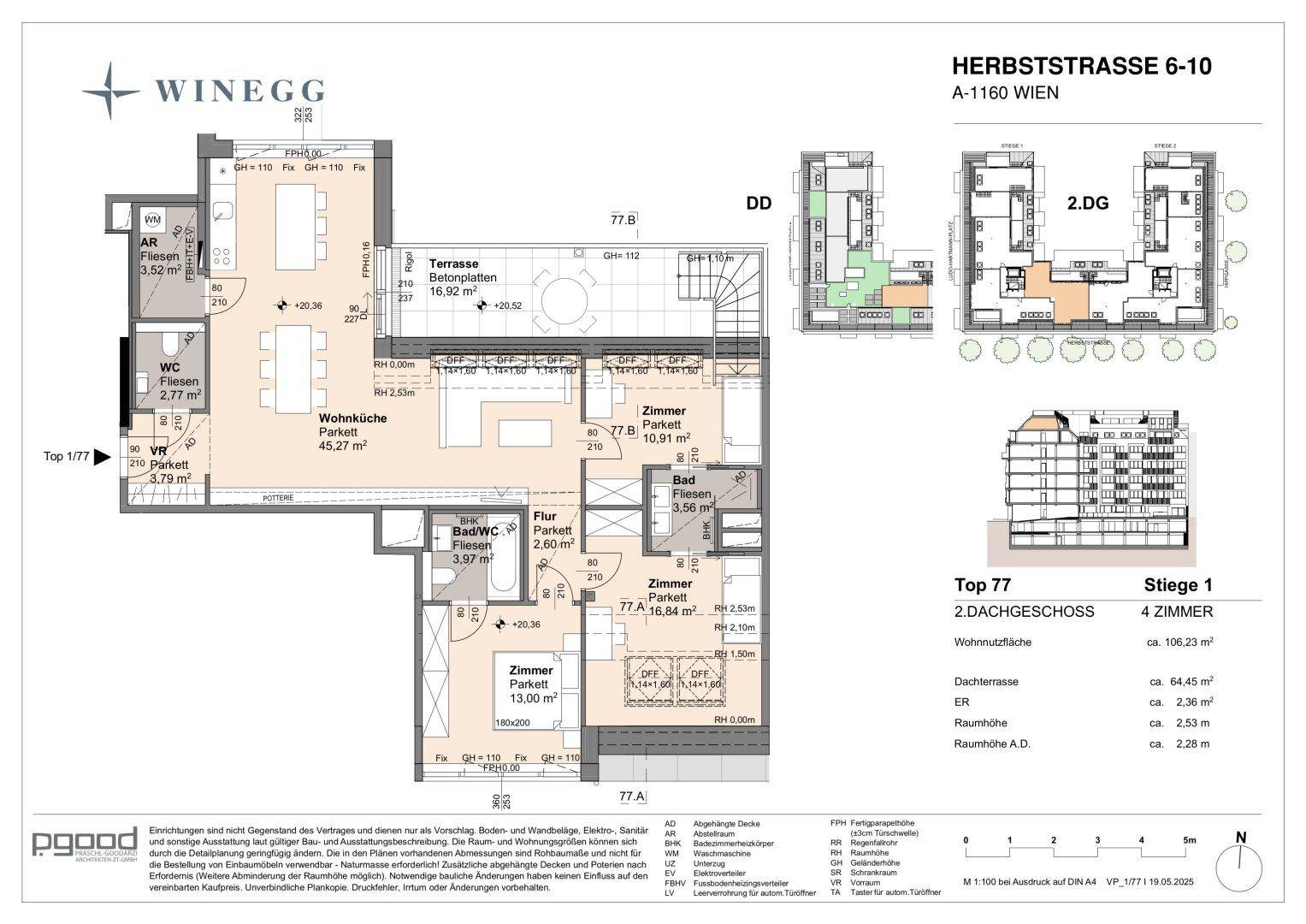 Grundriss einer 4-Zimmer-Wohnung mit offenem Wohn-Essbereich, drei Schlafzimmern und großer Dachterrasse.