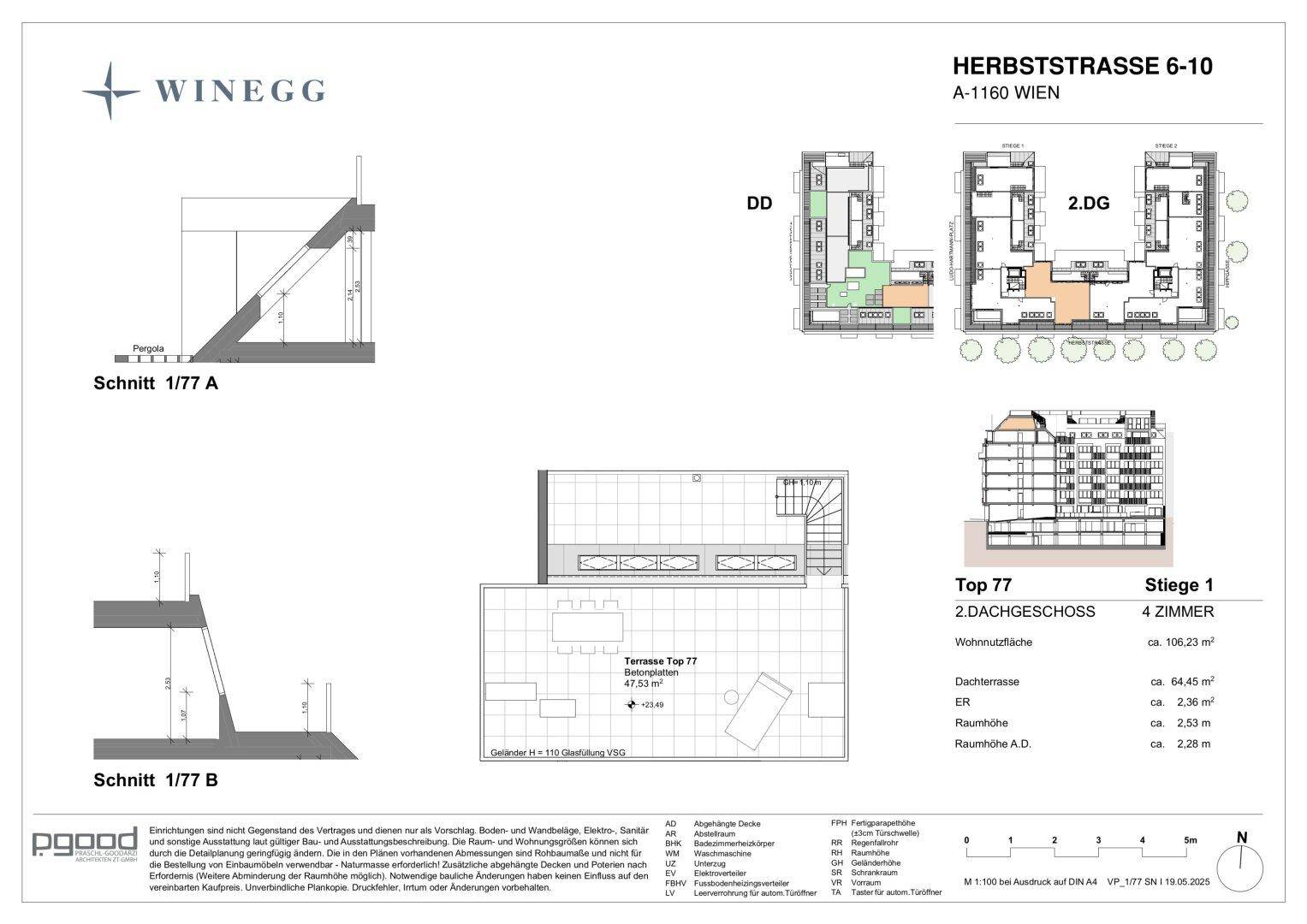 Architektonische Schnitte und Detailansicht der großzügigen Dachterrasse der Wohnung.