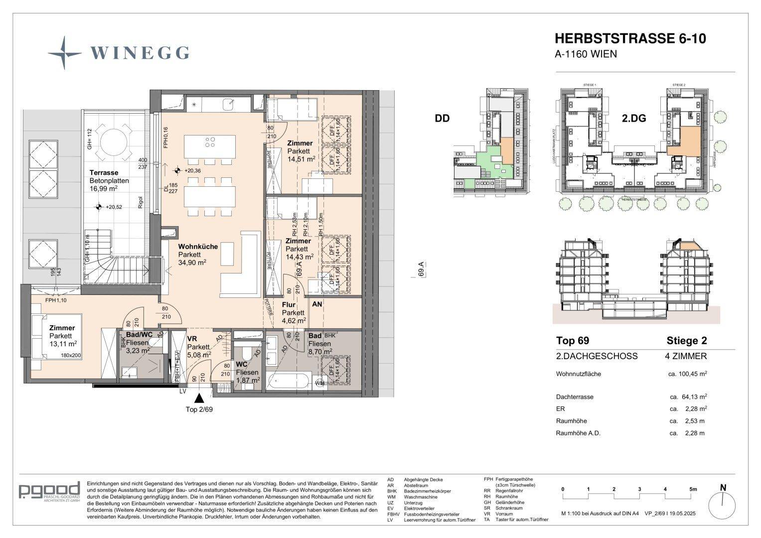 Grundriss für Top 69 im 2. Dachgeschoss mit vier Zimmern und einer großen Terrasse.