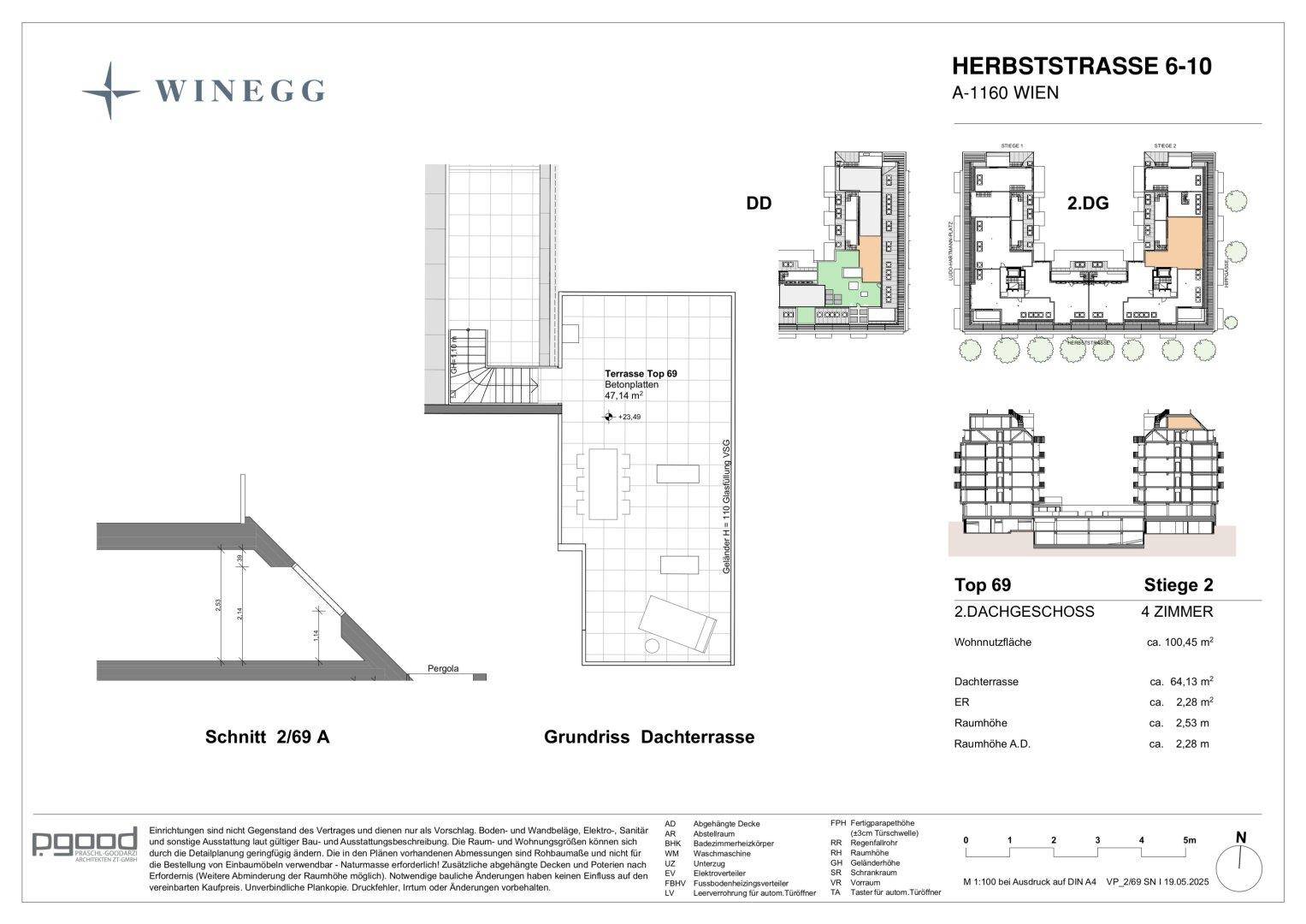 Grundriss der Dachterrasse für Top 69, detailliert die Außenfläche und Zugänge.
