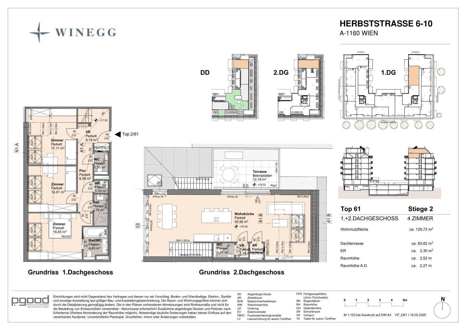Grundriss für eine Maisonette-Wohnung mit zwei Etagen und großer Dachterrasse.
