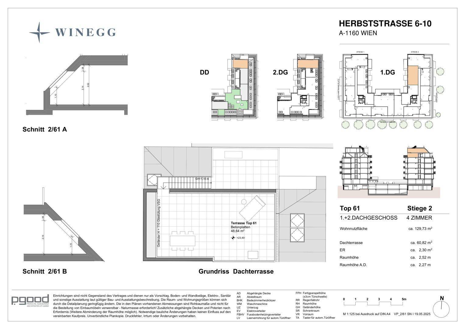 Grundriss der Dachterrasse für die Wohnung Top 61 mit detaillierten Maßen.