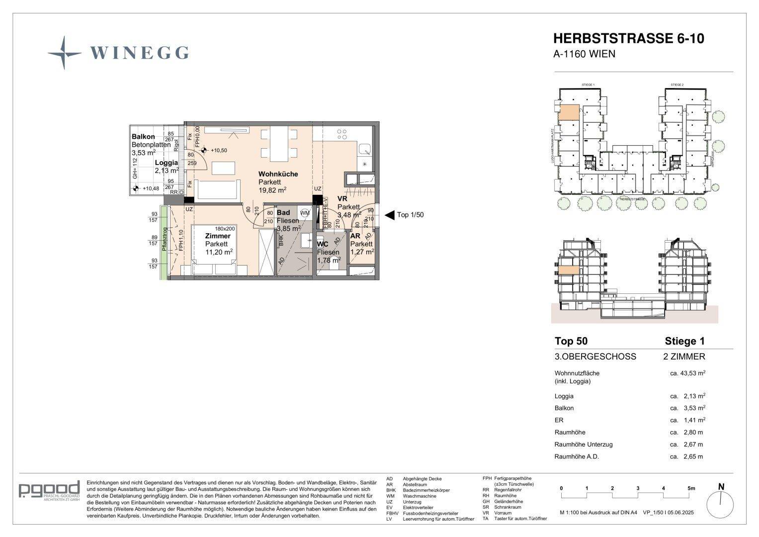 Grundriss einer Zweizimmerwohnung mit Wohnküche, Bad, Loggia und Balkon.