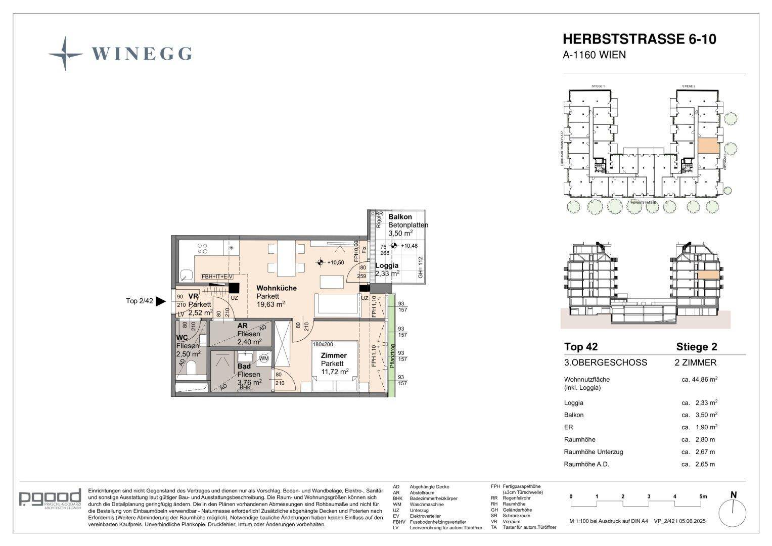 Grundriss einer 2-Zimmer-Wohnung mit Balkon und Loggia im 3. Obergeschoss.