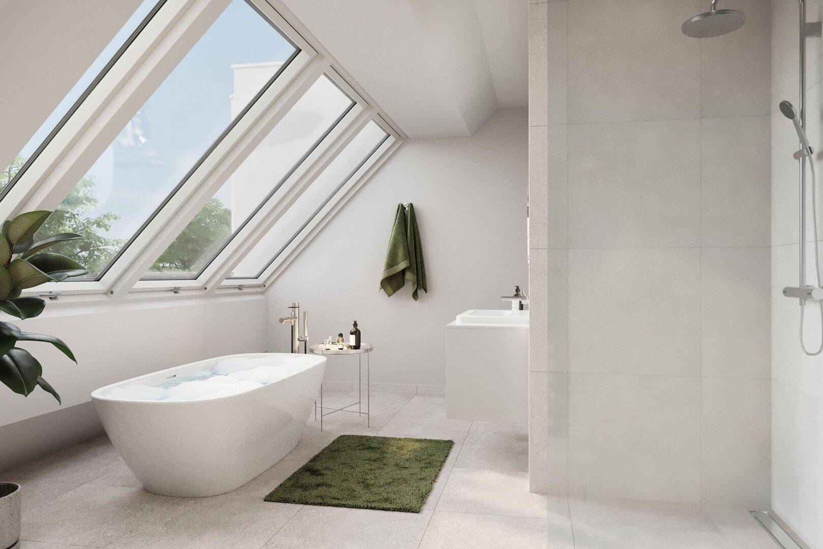 Modernes Badezimmer mit freistehender Badewanne, Dusche und großen Dachfenstern für viel Licht.