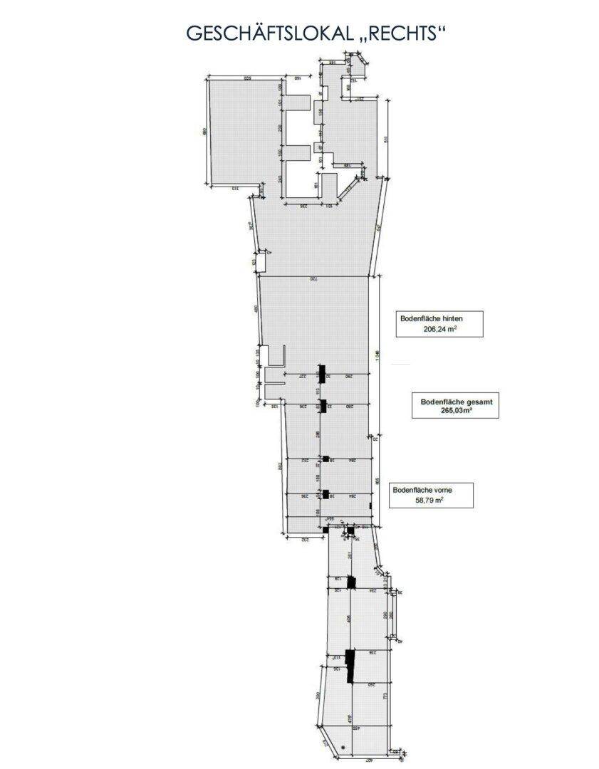 Grundriss für ein Geschäftslokal mit Gesamtflächenangaben und Aufteilung der Bereiche.
