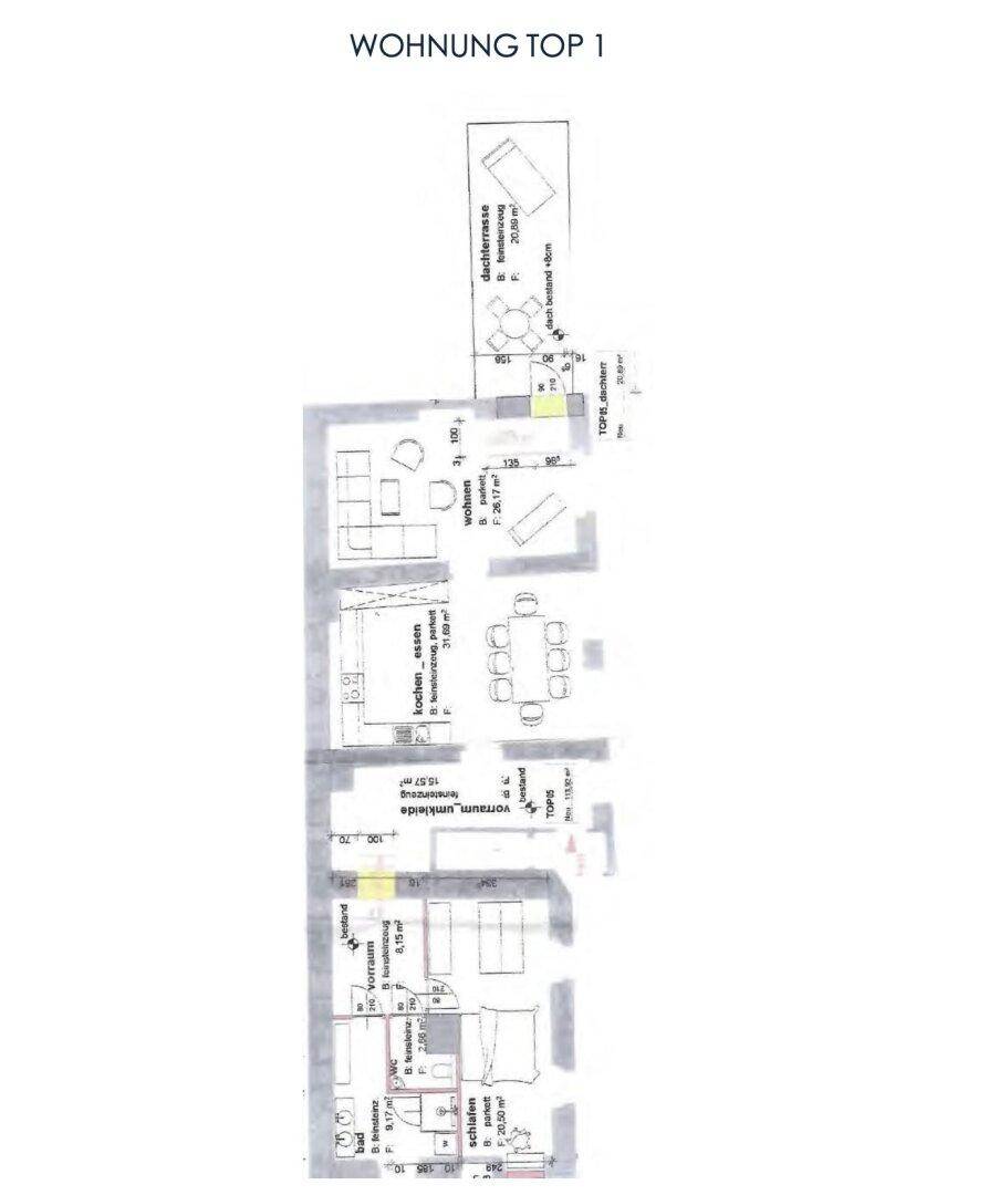 Grundriss der Wohnung Top 1 mit Dachterrasse, Schlafzimmern und offenem Wohnbereich.