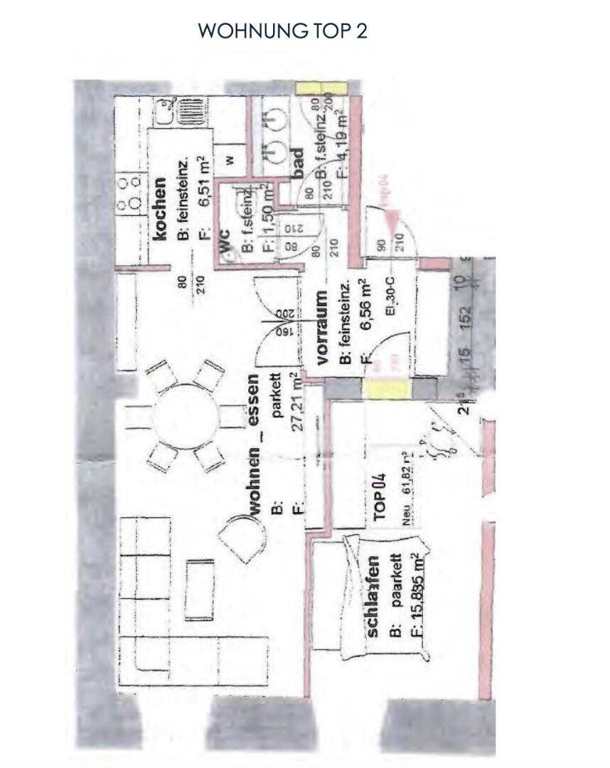 Grundriss der Wohnung Top 2 mit Schlafzimmer, Bad, WC und offenem Wohn-Essbereich.