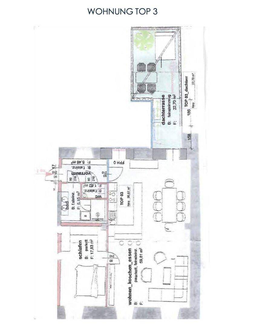 Grundriss der Wohnung Top 3 mit Dachterrasse, Schlafzimmer und offenem Wohn-Koch-Essbereich.