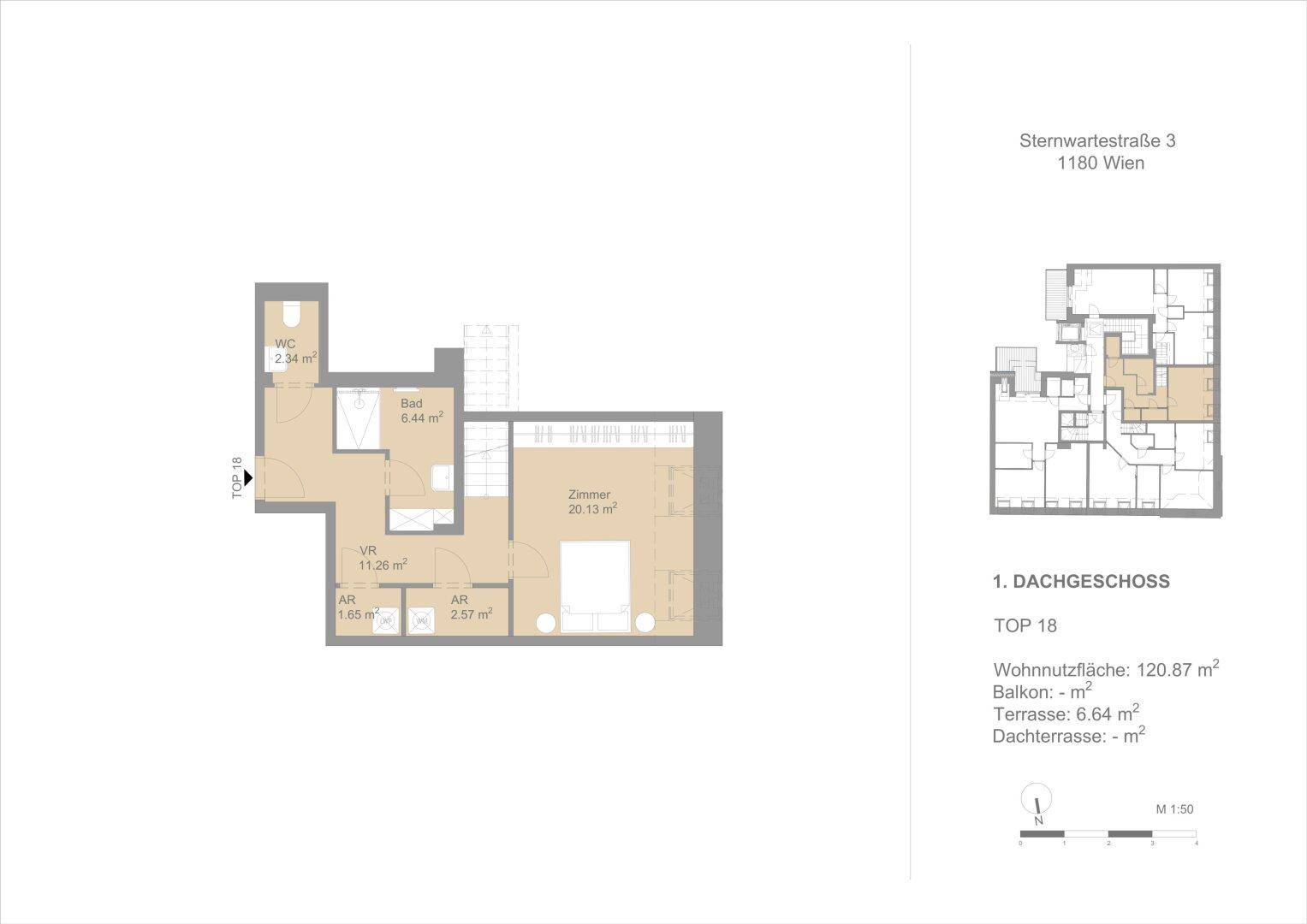 Detaillierter Grundriss des Dachgeschosses mit Schlafzimmer, Bad und separatem WC.