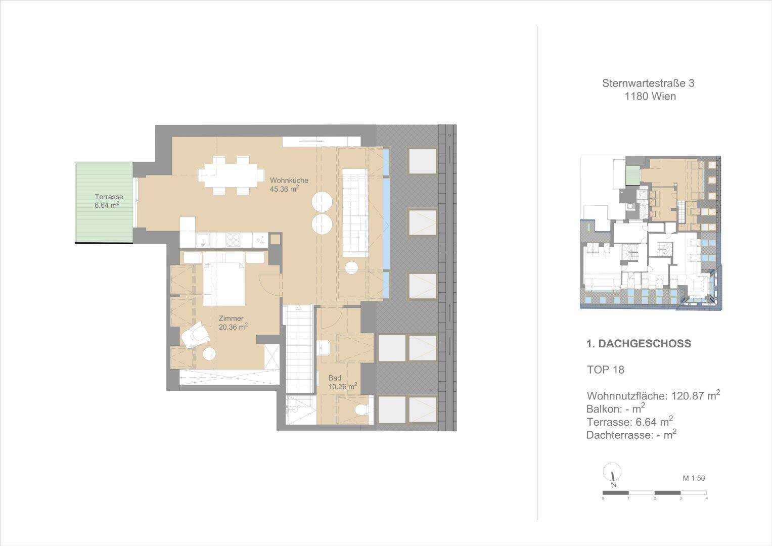 Detaillierter Grundriss des Dachgeschosses mit offener Wohnküche, Schlafzimmer und Terrasse.