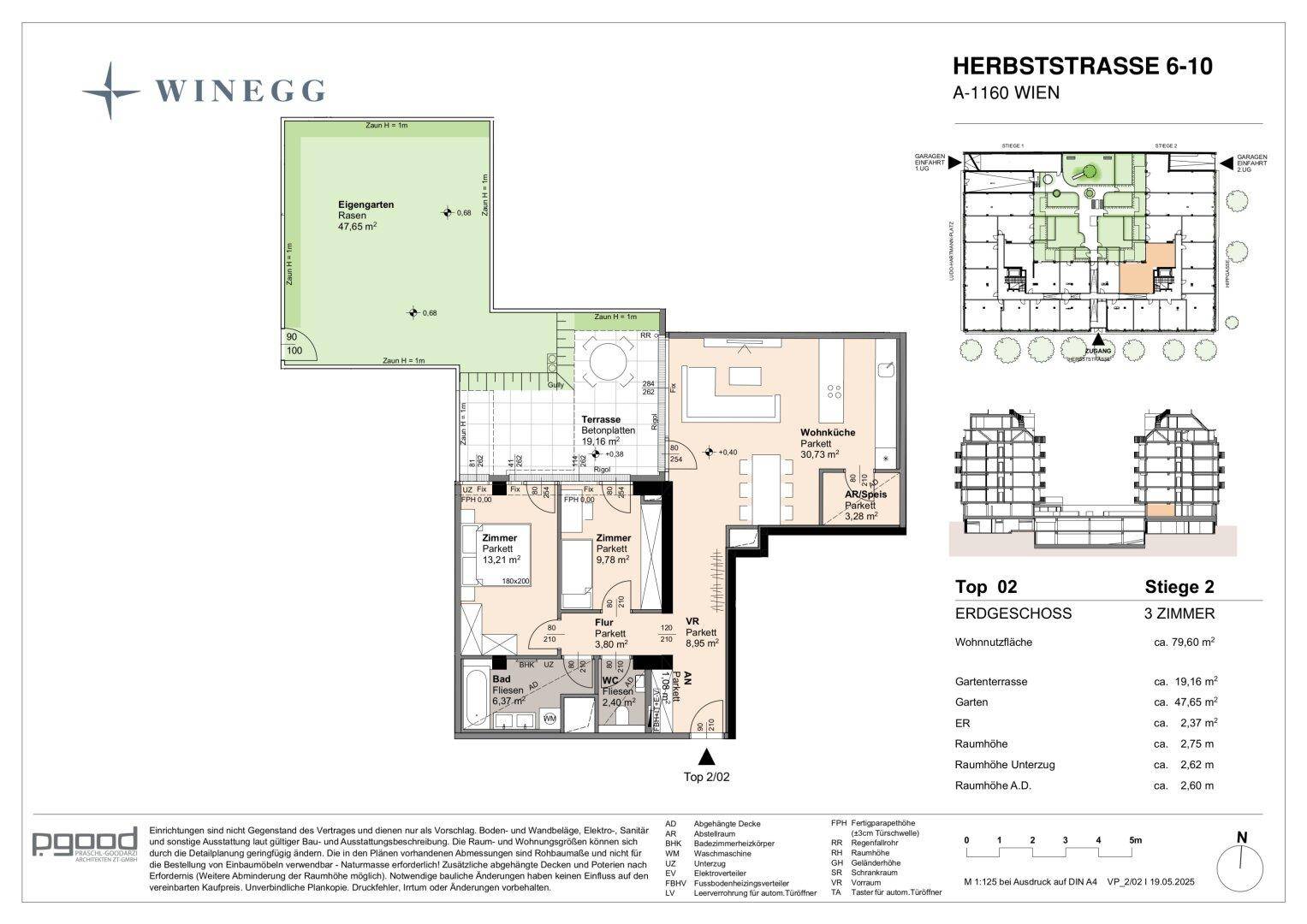 Grundriss einer Erdgeschosswohnung mit Garten, Terrasse und drei Zimmern.