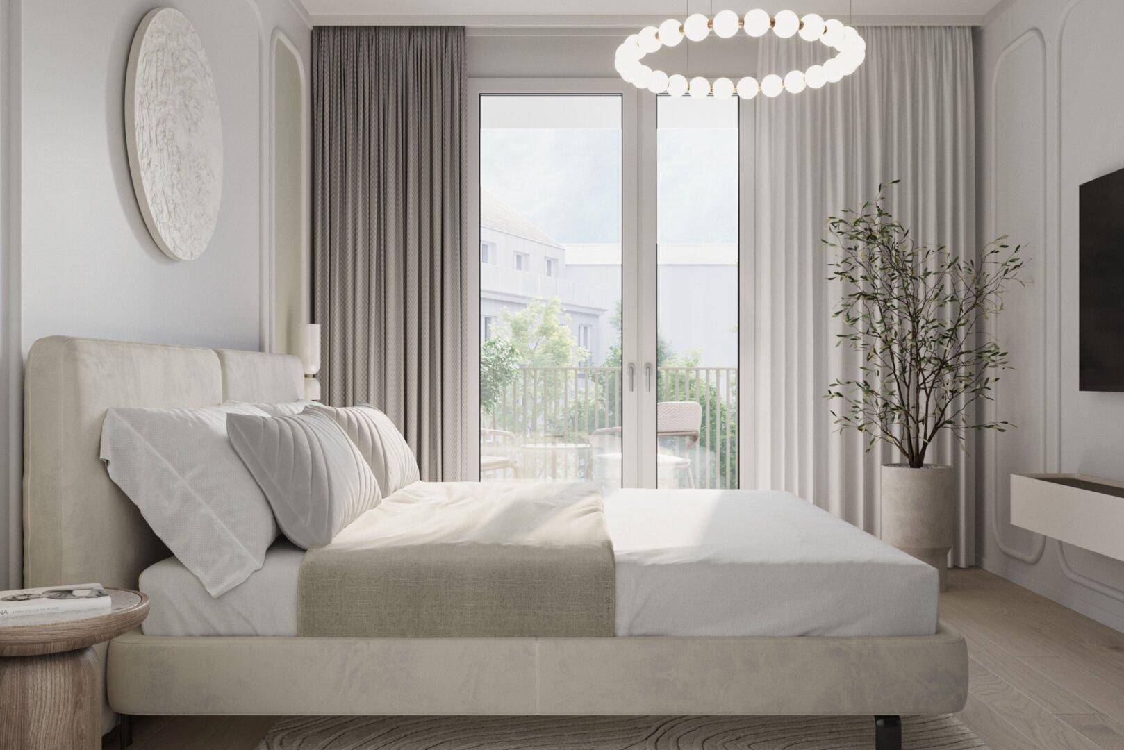 Modernes Schlafzimmer mit großem Bett, stilvoller Dekoration und Zugang zu einem Außenbereich.