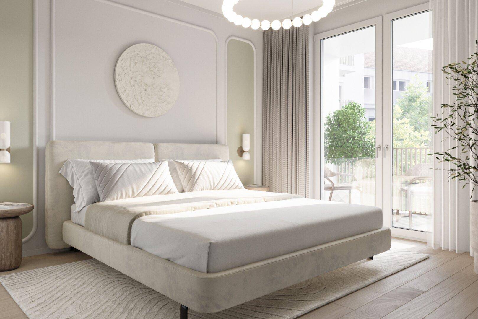 Geräumiges Schlafzimmer mit modernem Bett, stilvoller Wandgestaltung und Zugang zum Balkon.