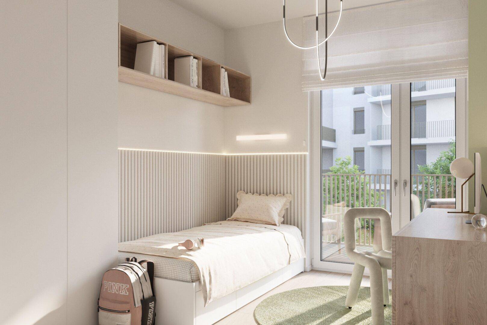 Helles Kinder- oder Gästezimmer mit Einzelbett, Schreibtisch und Zugang zum Balkon.