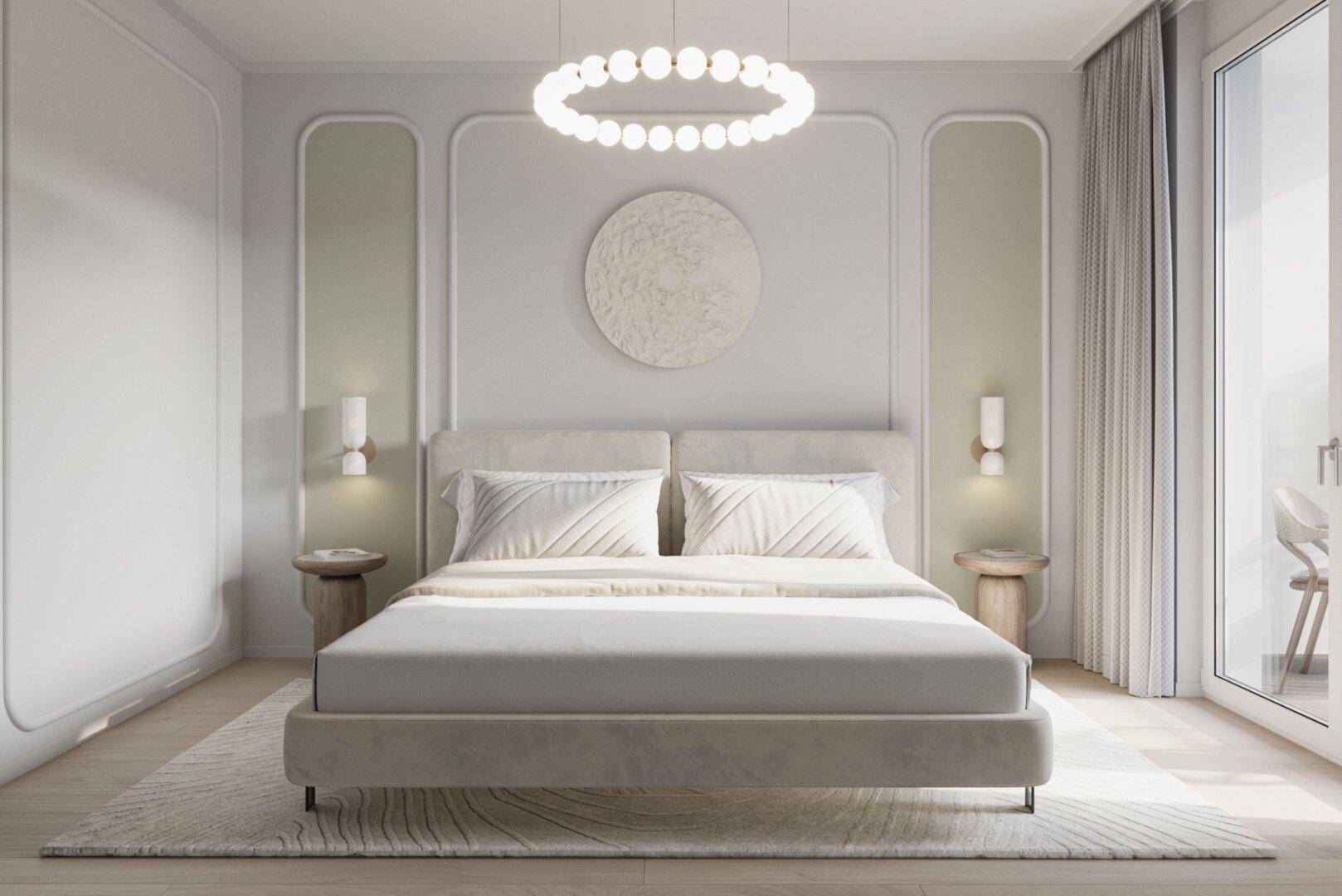 Helles Schlafzimmer mit modernem Design, großem Bett und Zugang zum Balkon.