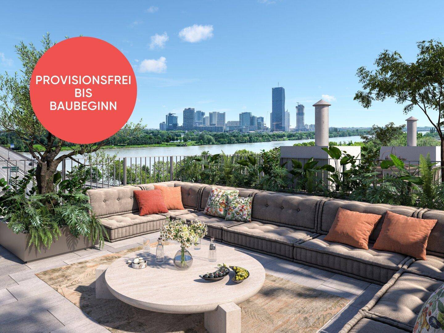Geräumige Dachterrasse mit bequemen Lounge-Möbeln und Panoramablick auf die Stadt und den Fluss.