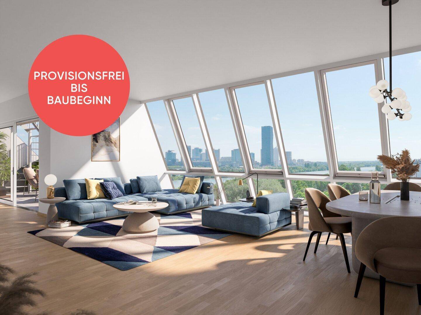 Heller Wohn-Essbereich mit großen Fenstern, modernem Design und weitem Stadtblick.