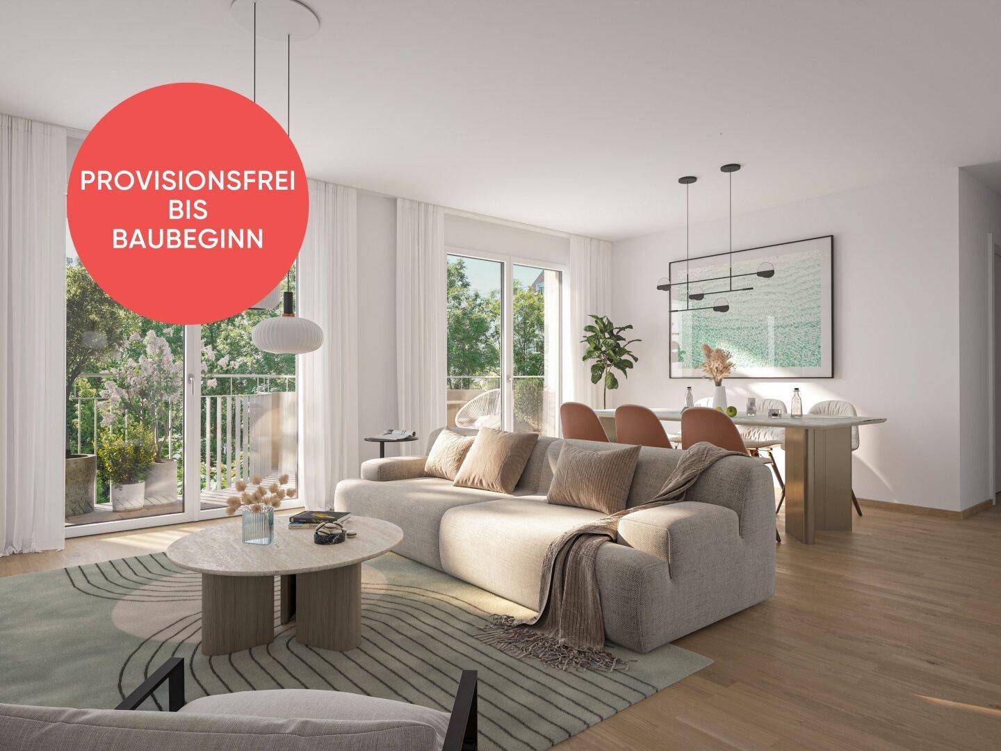 Lichtdurchfluteter Wohn-Essbereich mit Zugang zum Balkon und stilvoller Einrichtung.