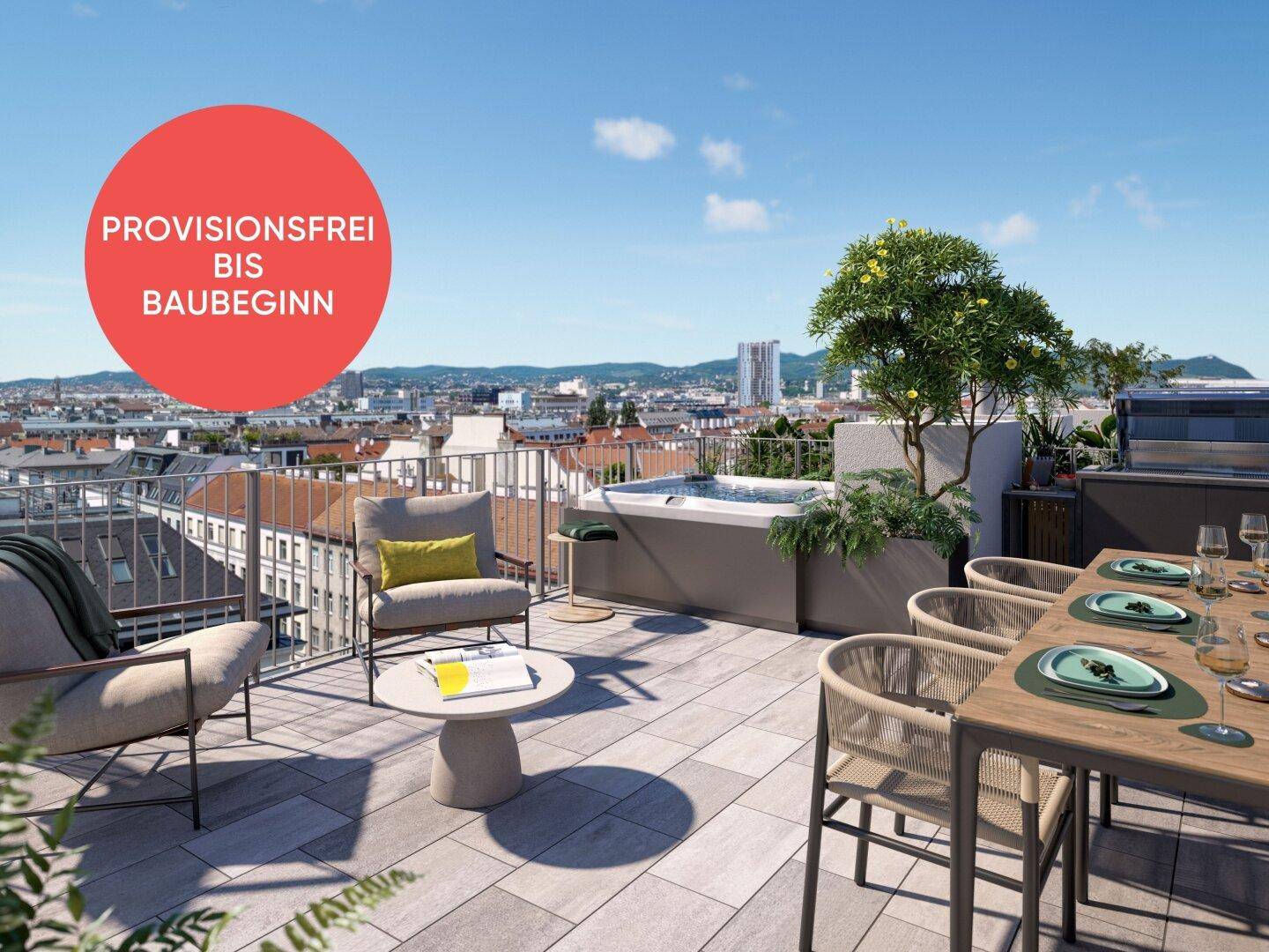 Exklusive Dachterrasse mit Essbereich, Lounge-Möbeln, Whirlpool und Stadtpanorama.