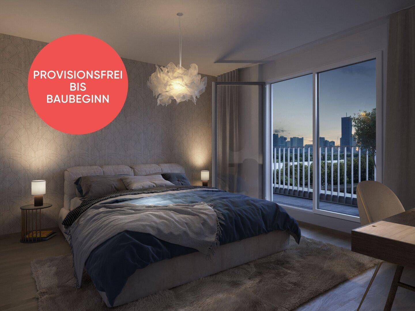 Gemütliches Schlafzimmer mit Balkonzugang und abendlichem Blick auf die Stadt.