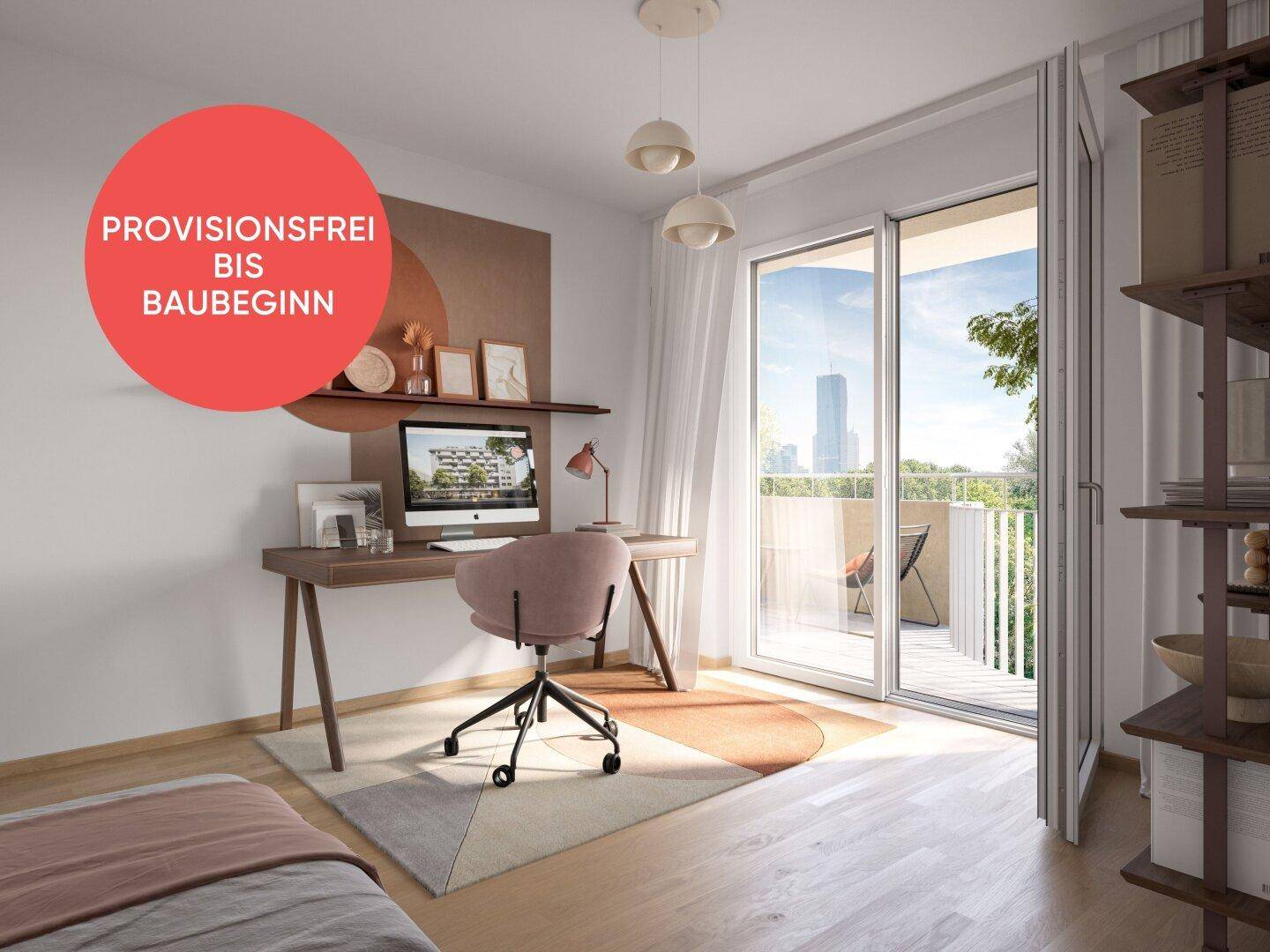 Helles Arbeitszimmer mit Schreibtisch, modernem Dekor und Zugang zum Balkon.