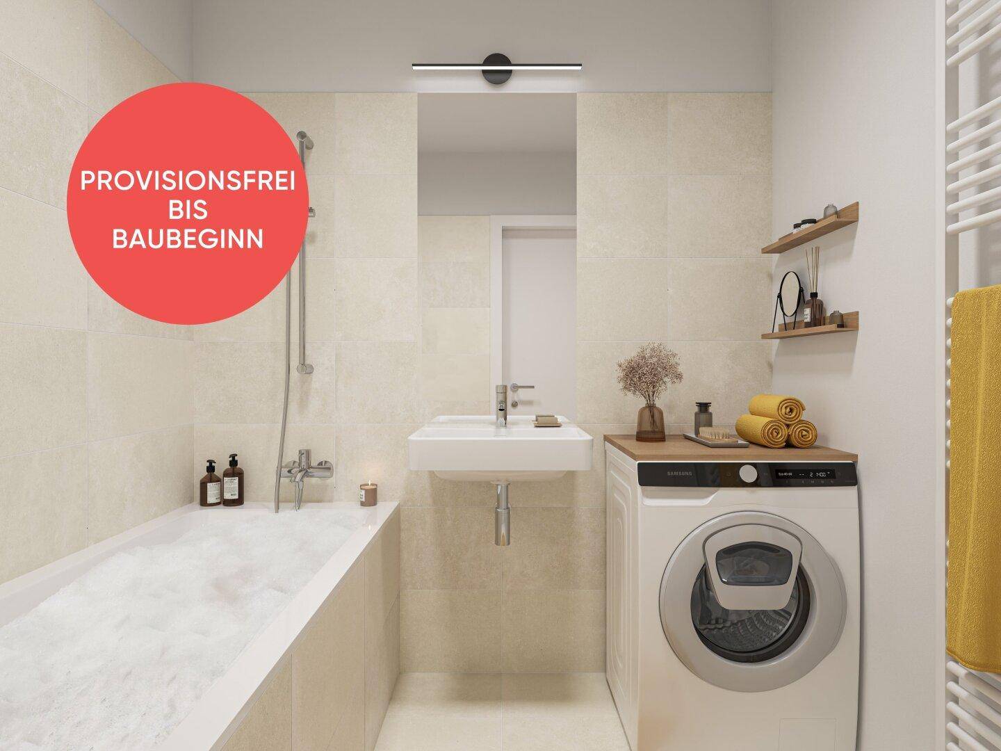 Funktionales Badezimmer mit Badewanne, Waschbecken und integrierter Waschmaschine.