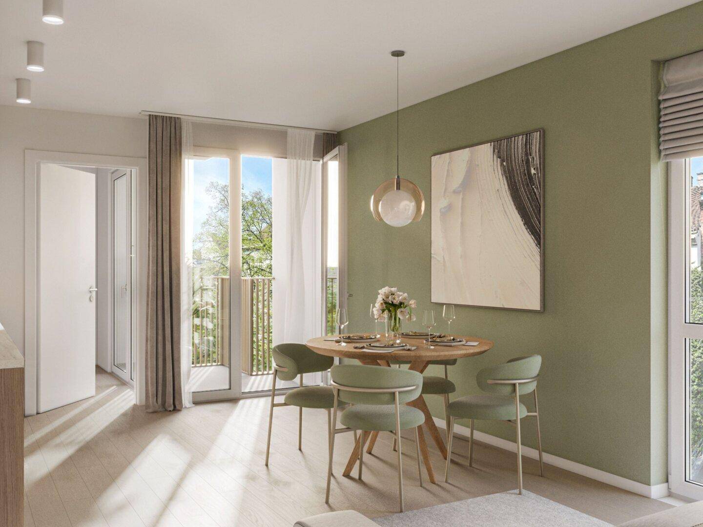 Heller Essbereich mit modernem Holztisch, grünen Wänden und direktem Zugang zum Balkon mit Grünblick.