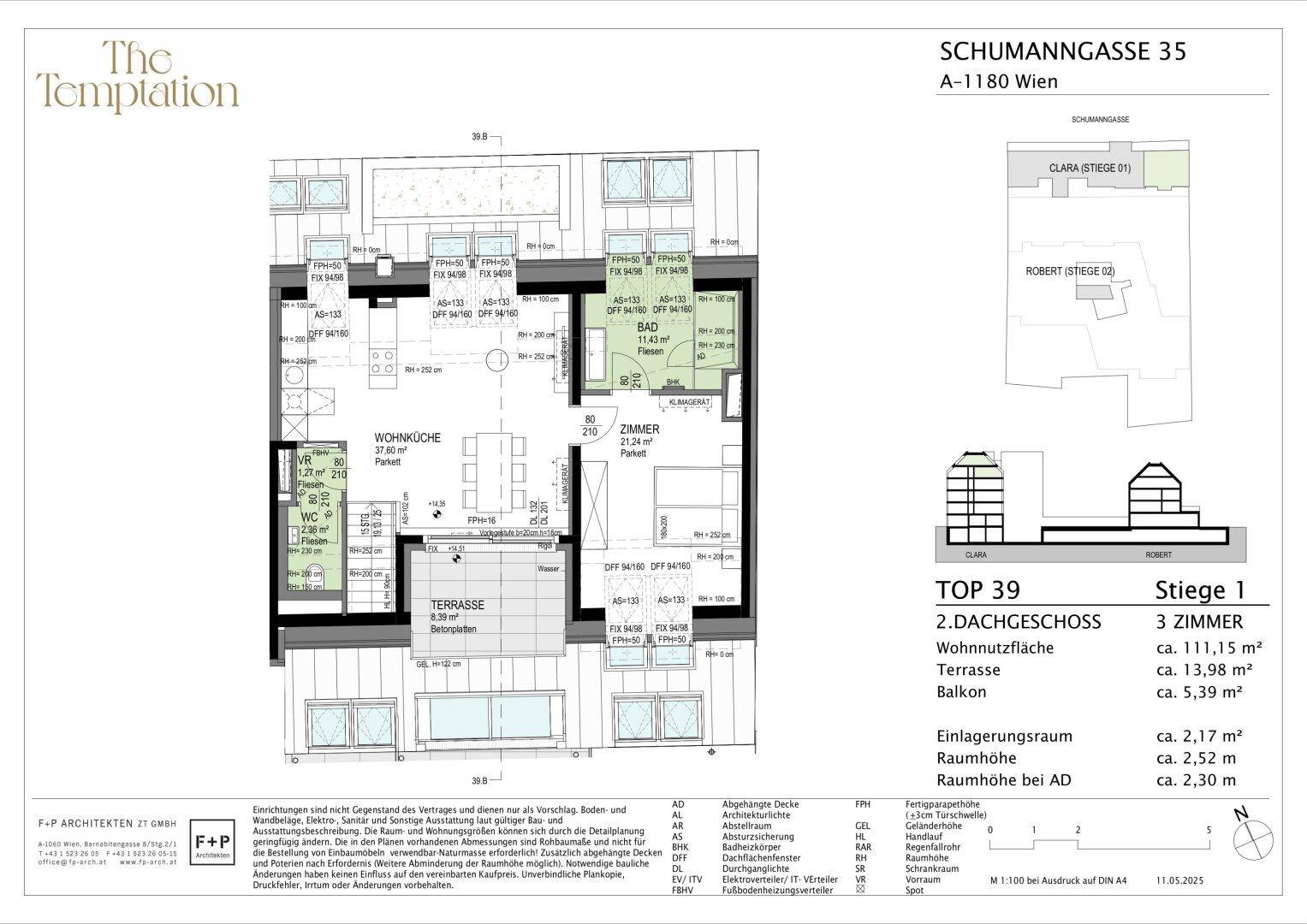 Grundriss des Dachgeschosses mit Wohnküche, Zimmer, Bad, Terrasse und Balkon.