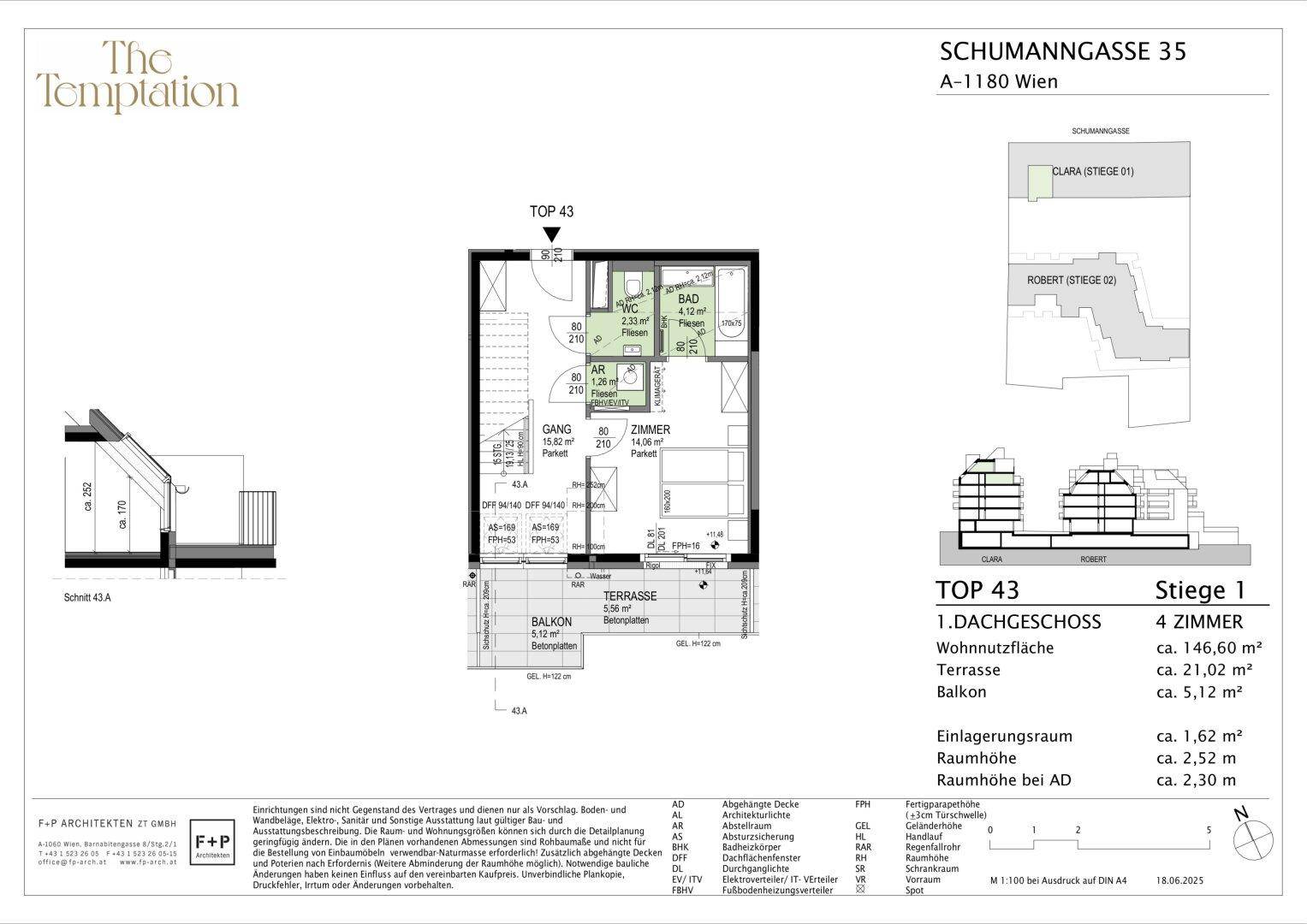 Grundriss des ersten Dachgeschosses von TOP 43 mit Balkon und Terrasse.