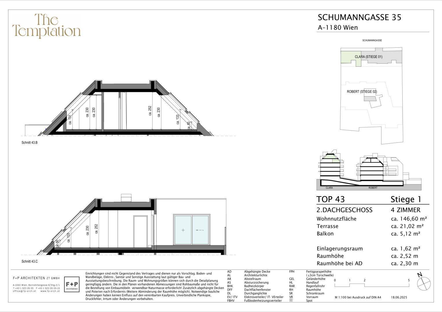 Architektonische Schnitte des Dachgeschosses von TOP 43, die die Dachneigung zeigen.