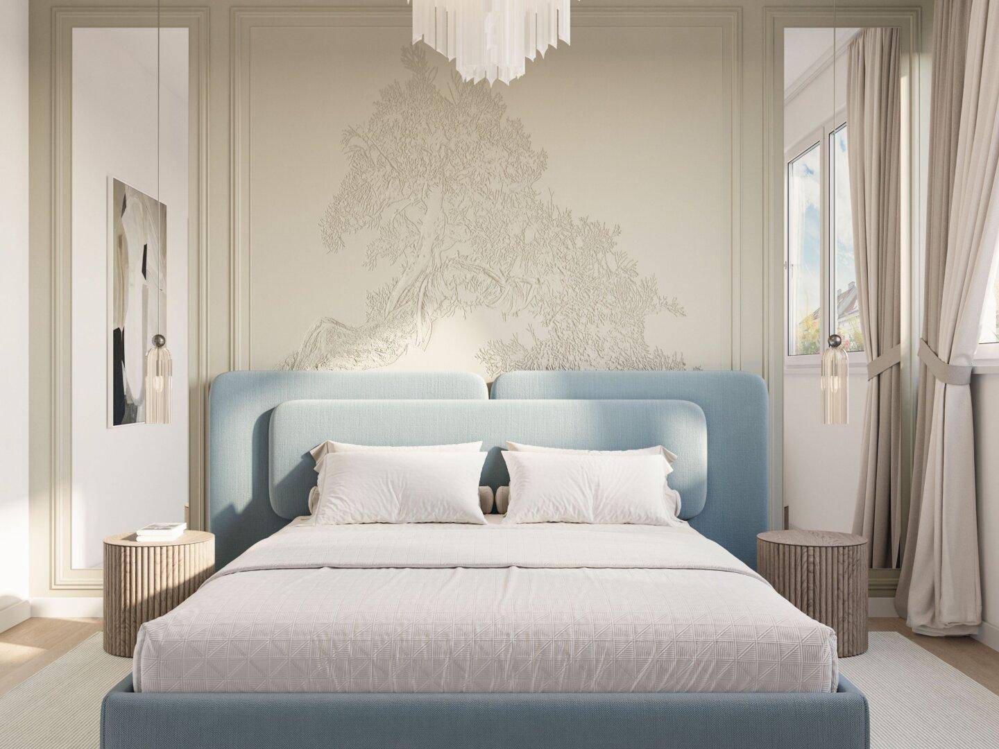 Modernes Schlafzimmer mit großem Doppelbett, Nachttischen und dekorativer Wandgestaltung.