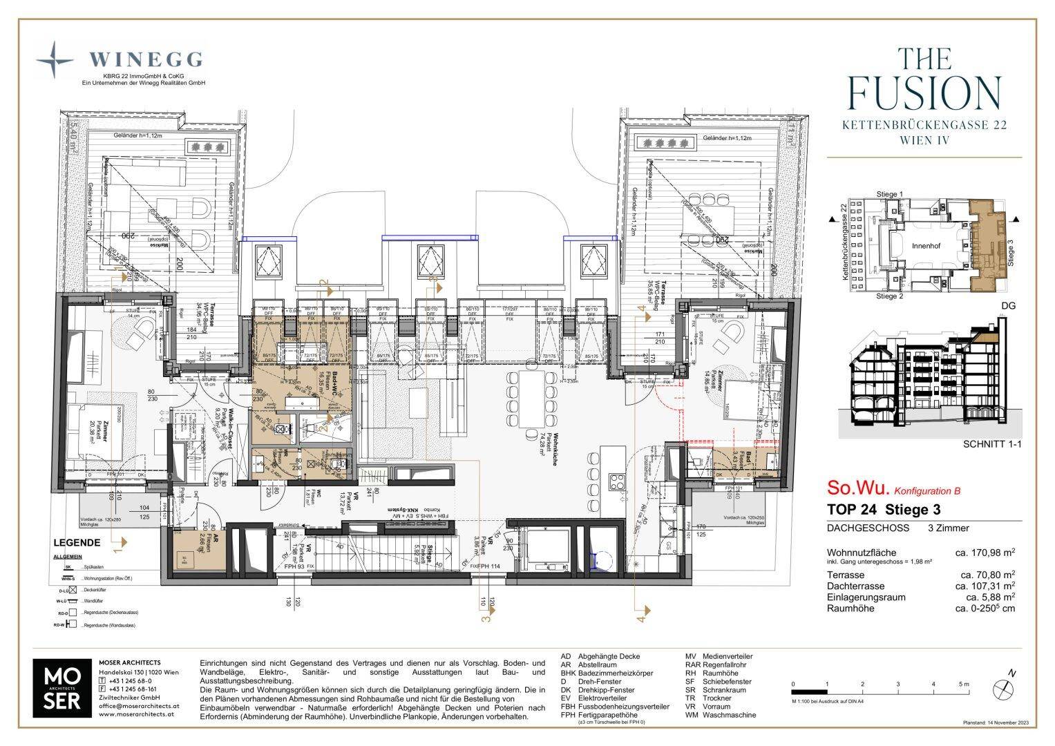 Detaillierter Grundriss eines Penthouses im Dachgeschoss mit großzügigen Dachterrassen und offenem Wohnbereich.