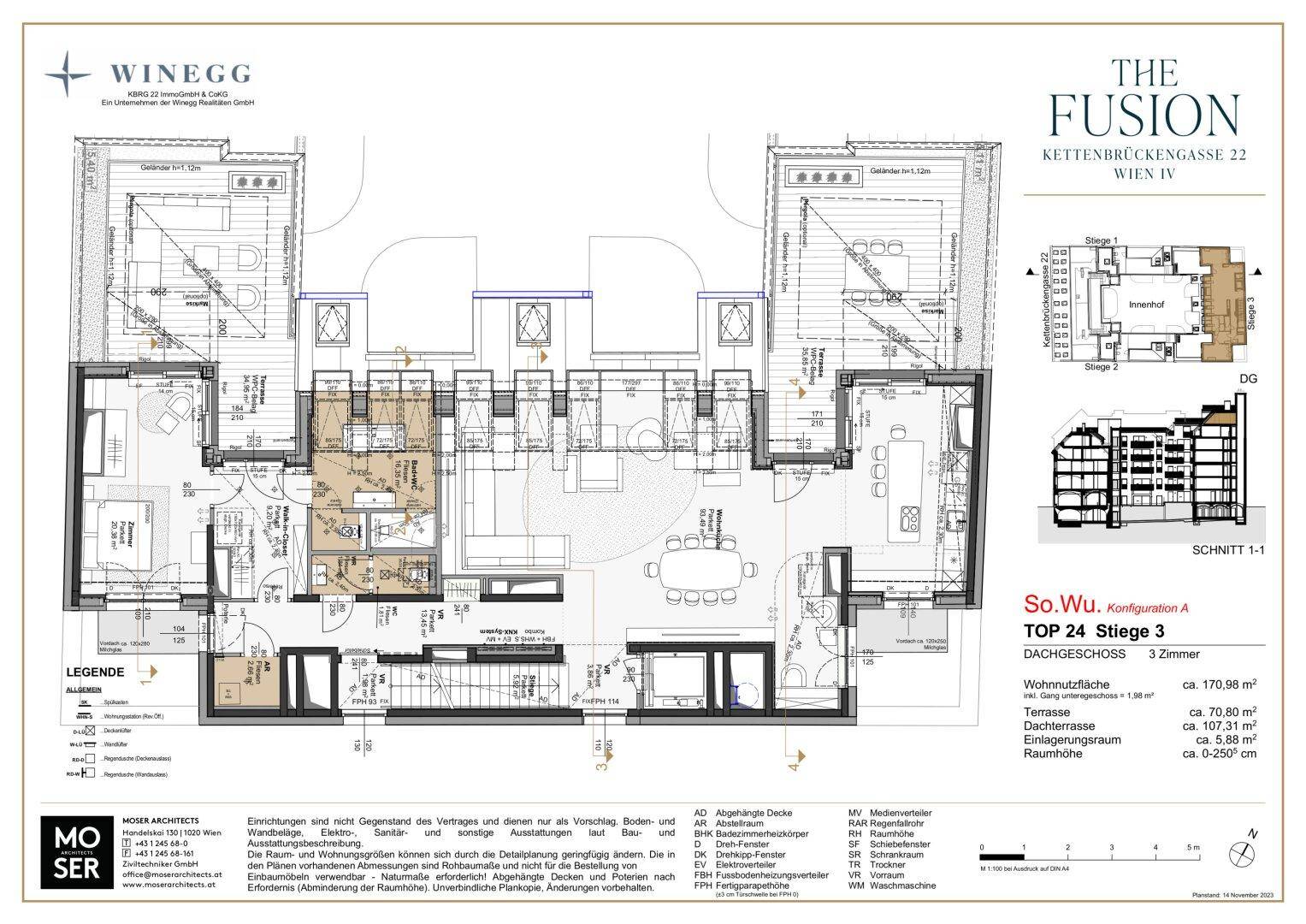 Detaillierter Grundriss eines Penthouses im Dachgeschoss mit großzügigen Dachterrassen und offenem Wohnbereich.