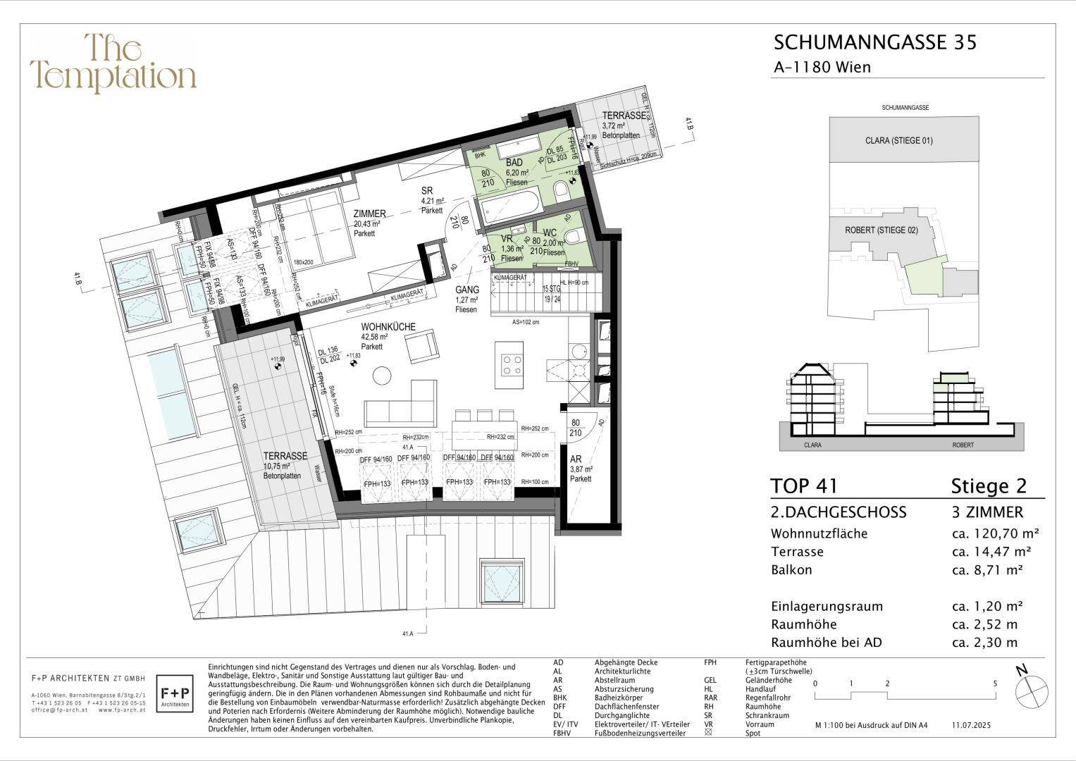 Grundriss des 2. Dachgeschosses mit großer Terrasse, offener Wohnküche und Zimmern.