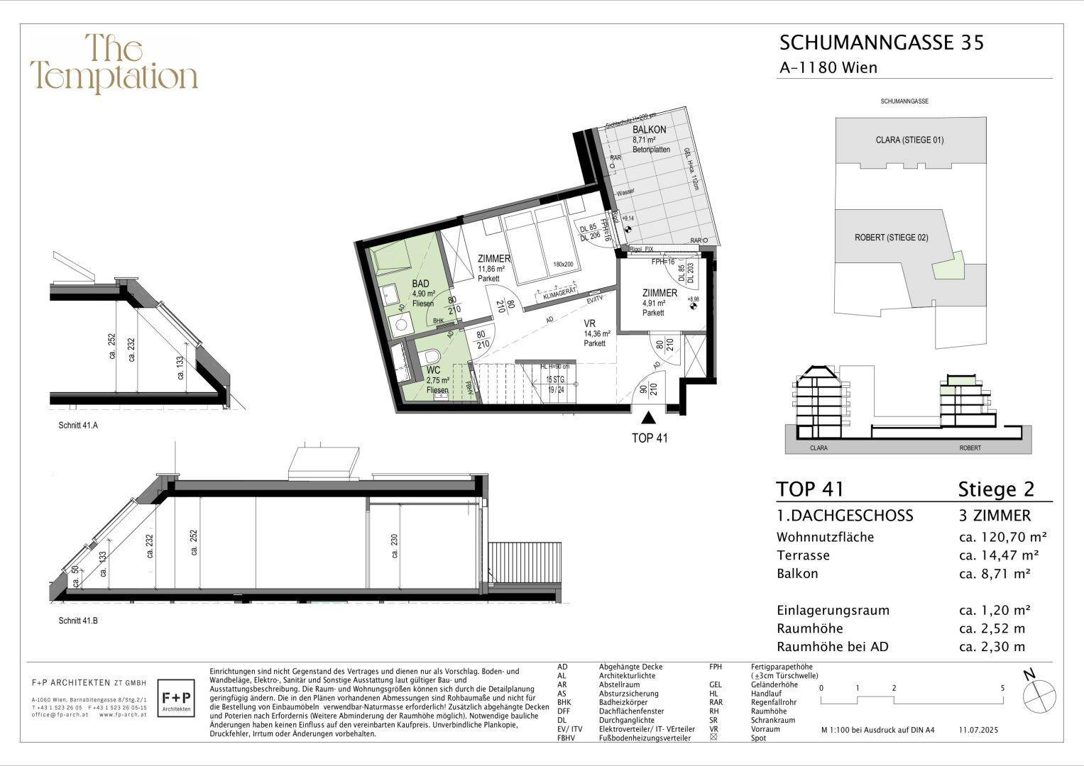 Grundriss des 1. Dachgeschosses mit drei Zimmern, einem Badezimmer und einem Balkon.
