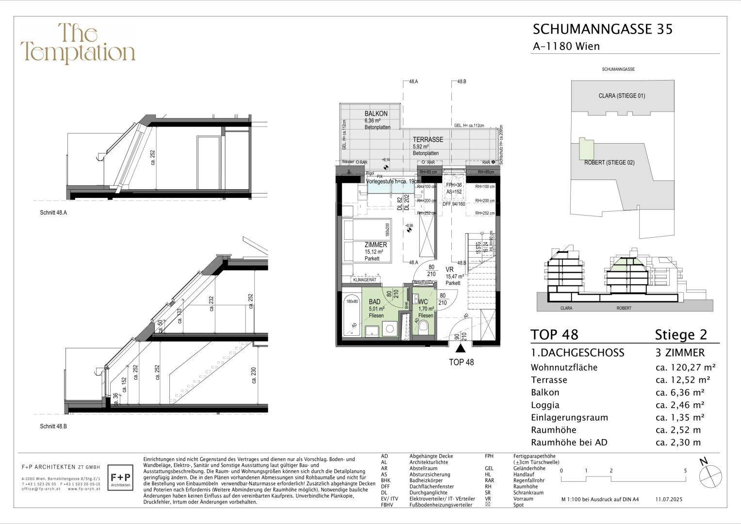 Grundriss des ersten Dachgeschosses mit Schlafzimmer, Bad, separatem WC, Balkon und Terrasse.