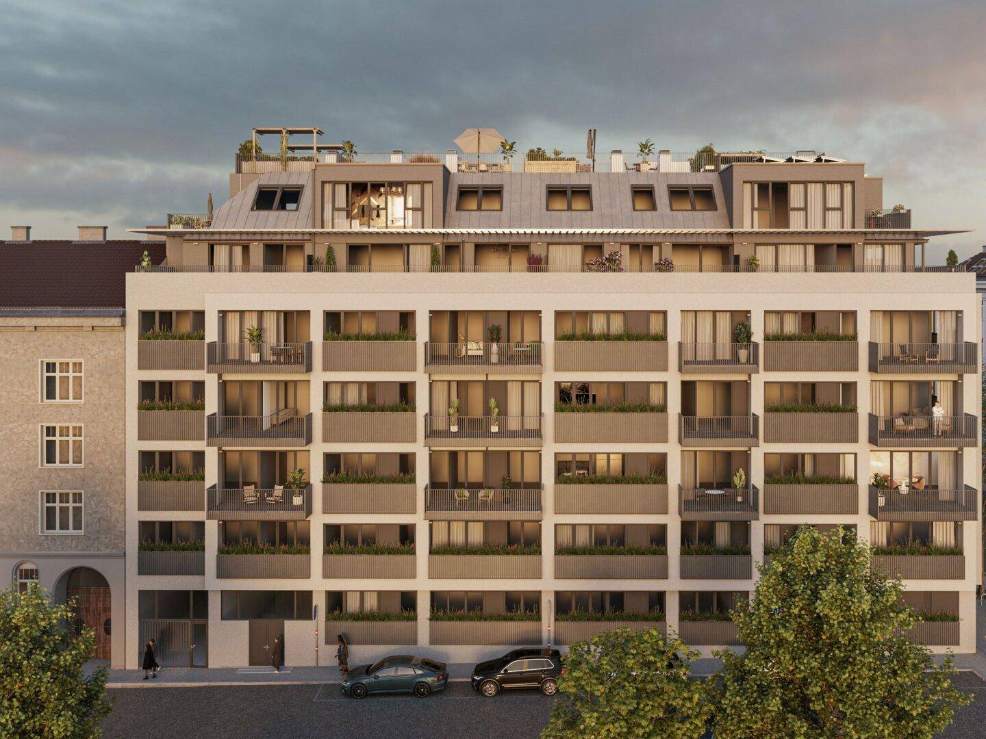 Moderne Wohnhausfassade mit zahlreichen Balkonen und zeitgenössischer Architektur in urbaner Umgebung.