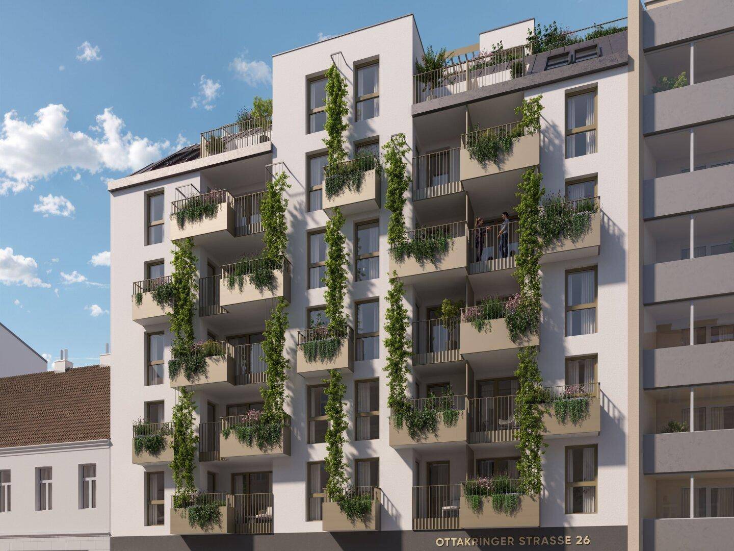 Moderne Wohnfassade mit vielen Balkonen und begrünten Rankpflanzen.