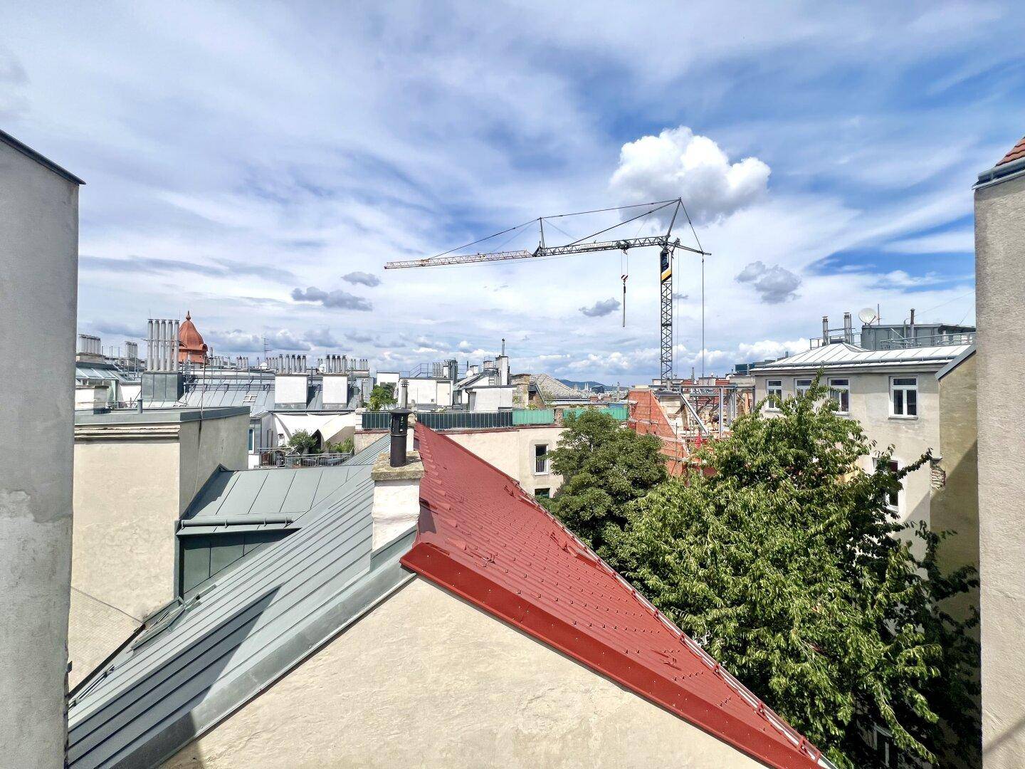 Blick über die Dächer der Stadt mit einem Baukran am Horizont unter bewölktem Himmel.