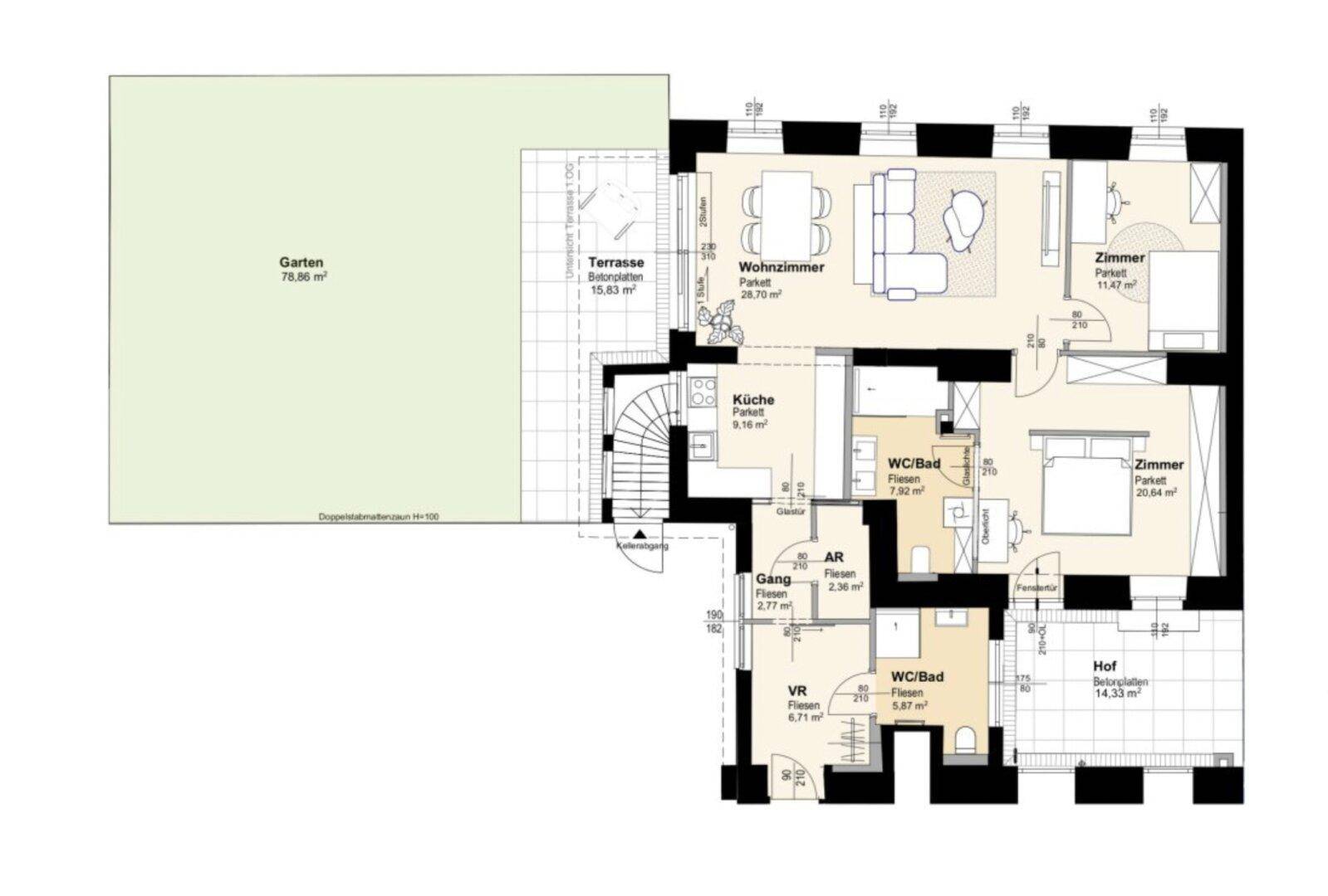 Grundriss der Wohnung mit Garten, Terrasse und mehreren Zimmern.