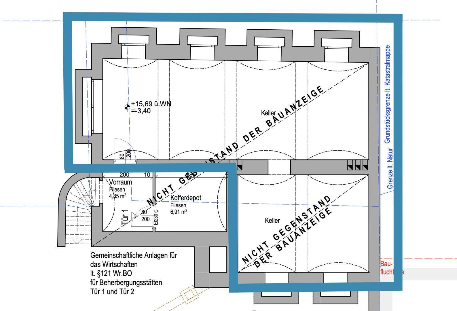 Grundriss des Kellergeschosses mit mehreren Kellerräumen.