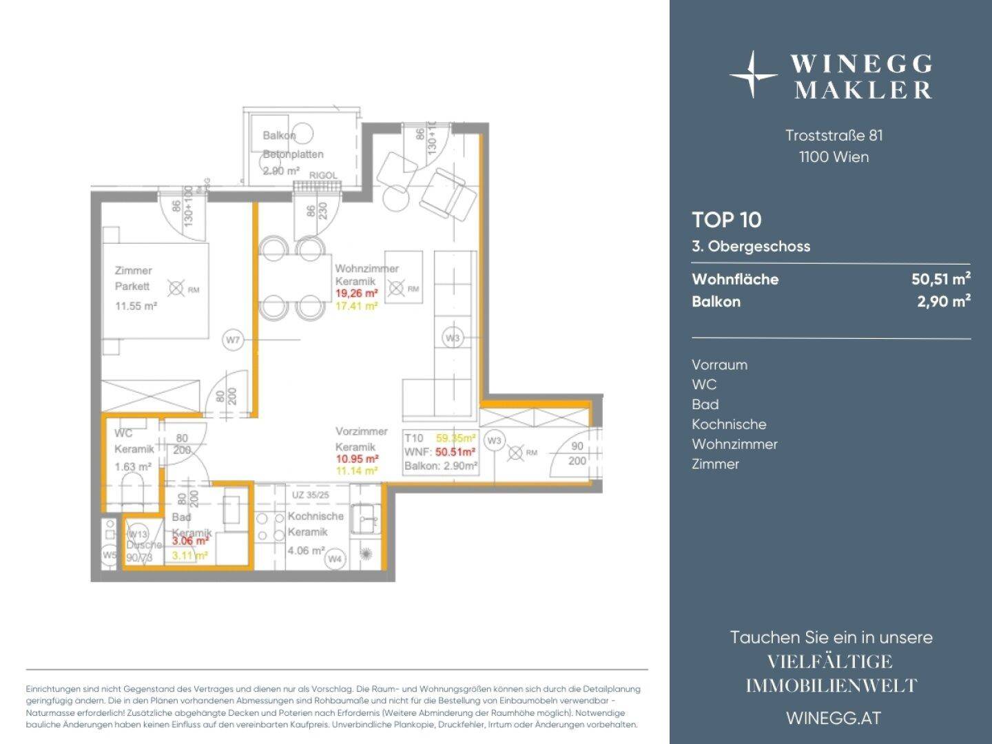 Grundriss einer Wohnung im 3. Obergeschoss mit Wohnzimmer, Schlafzimmer, Kochnische, Bad, separatem WC und Balkon.