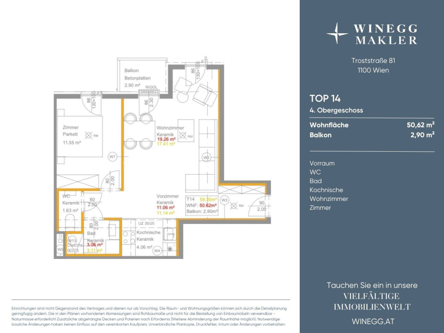 Grundriss einer Wohnung mit offenem Wohnbereich, Kochnische, Schlafzimmer, Bad, separatem WC und Balkon.