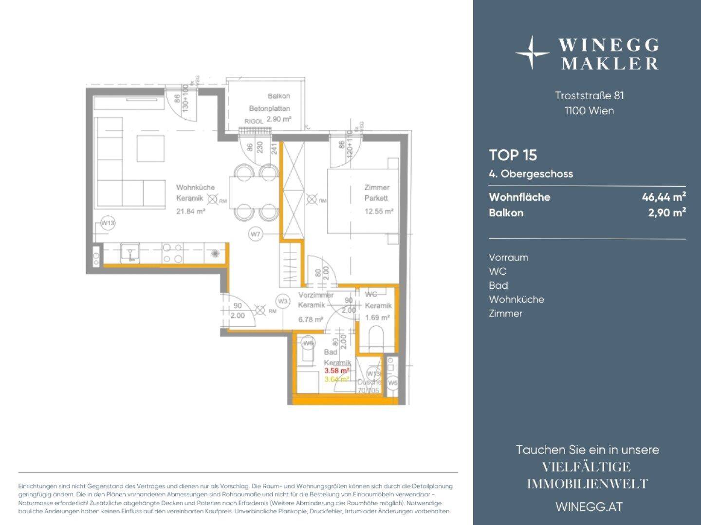 Grundriss einer Wohnung im 4. Obergeschoss mit Wohnküche, Zimmer und Balkon.