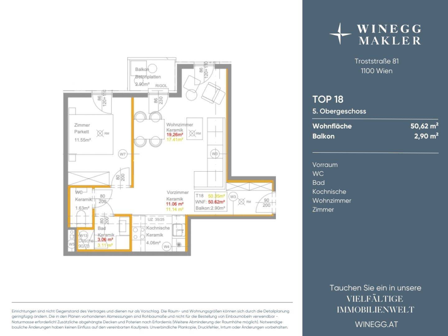Detaillierter Grundriss einer Wohnung mit offenem Wohnbereich, separater Kochnische, Schlafzimmer, Bad, WC und Balkon.