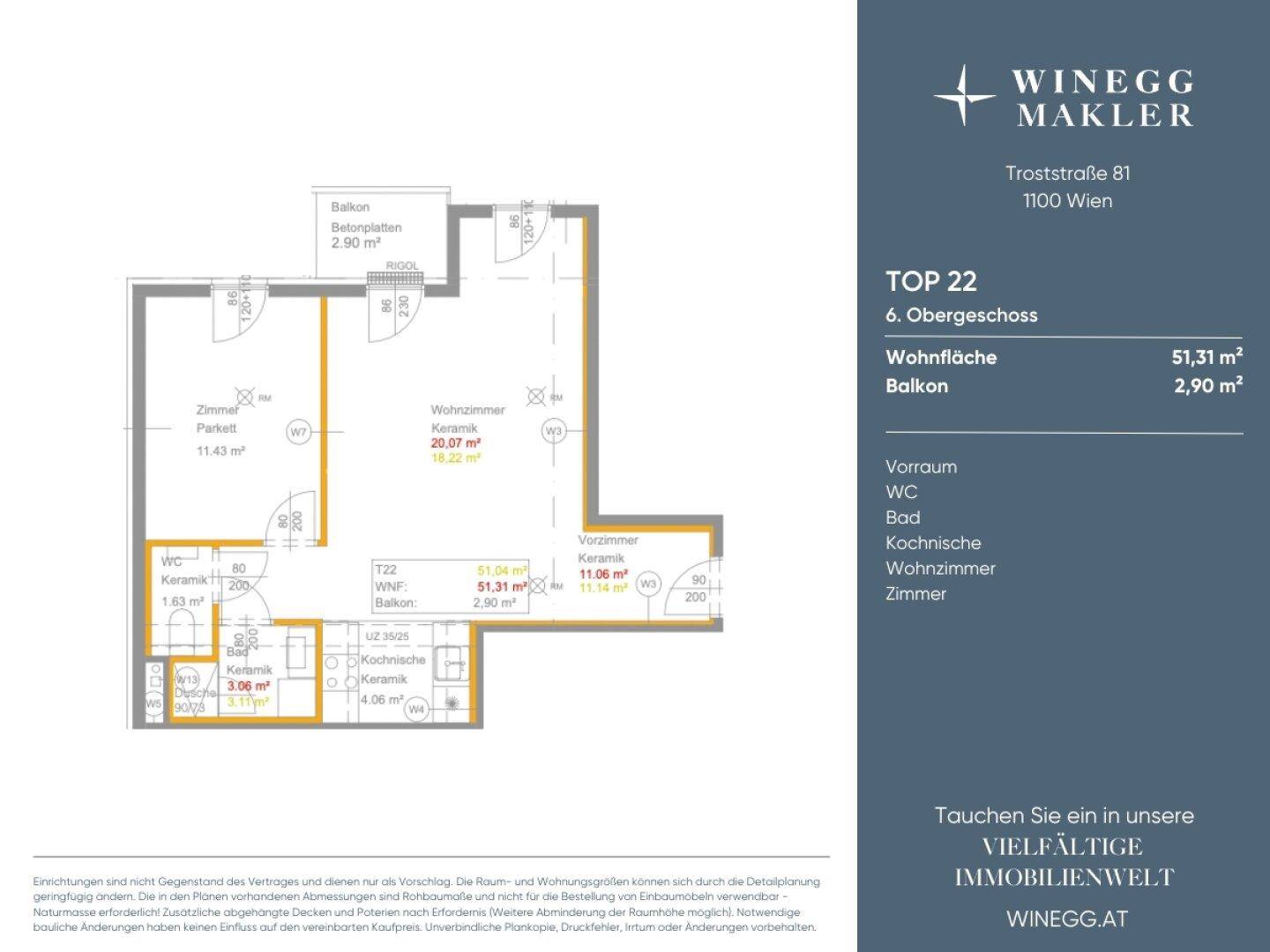 Grundriss einer Wohnung im 6. Obergeschoss mit Wohnzimmer, Schlafzimmer, Kochnische und Balkon.